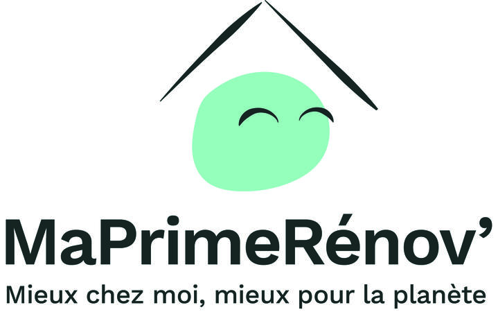 Logo MaPrimeRénov' avec maison stylisée et visage souriant vert, tagline Mieux chez moi mieux pour la planète